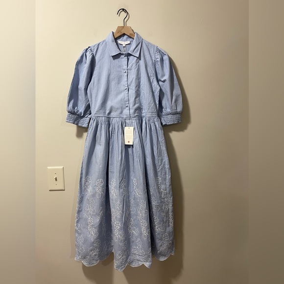 NWT Ivy City Co Chambray White Floral Embroider Scallop Midi Shirt Dress Size XS - Picture 3 of 12